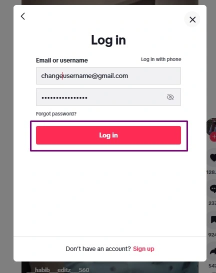fill info and click log in